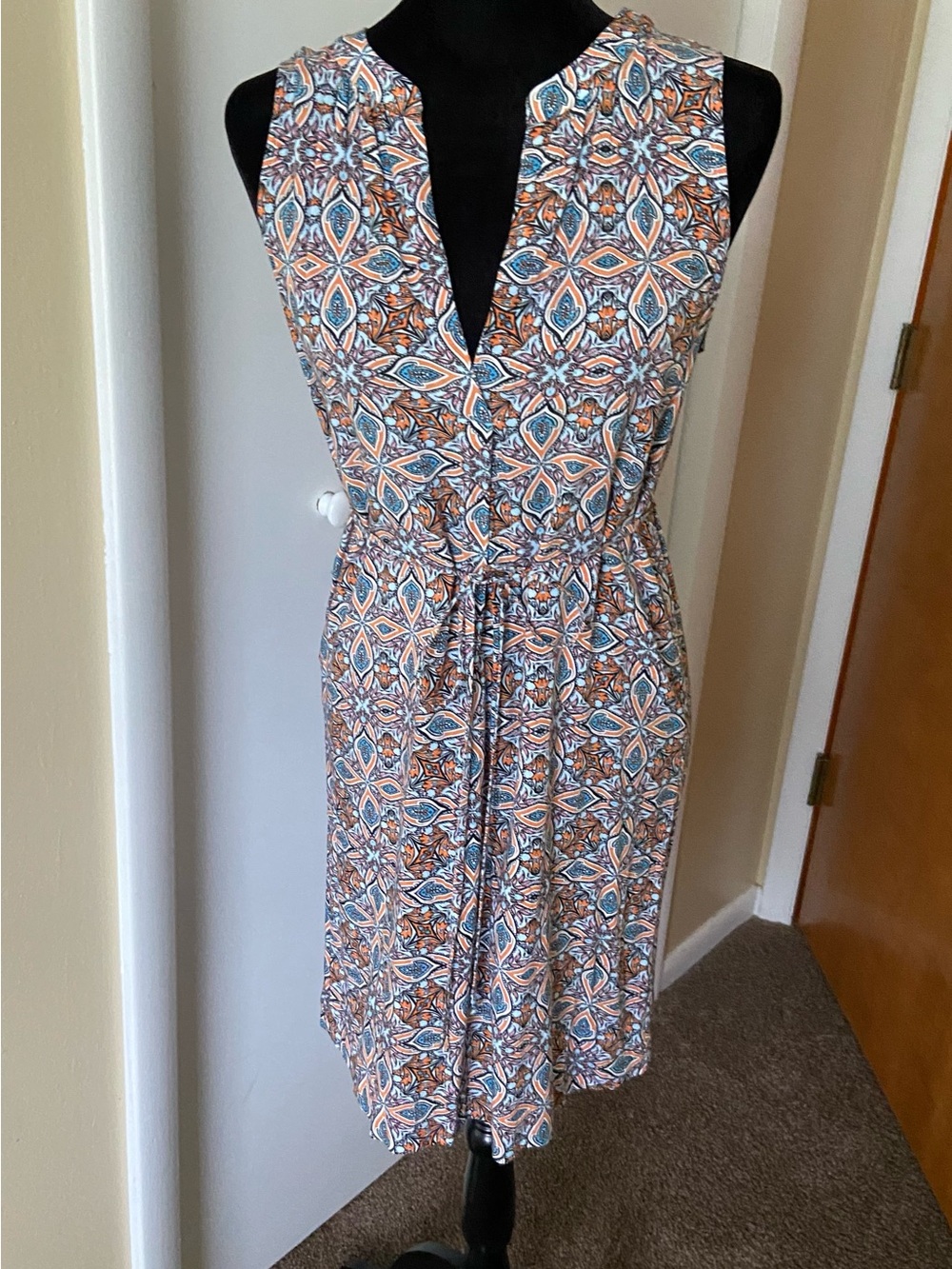 LOFT Sleeveless Midi Dress in Blue & Tan Geometric Print
